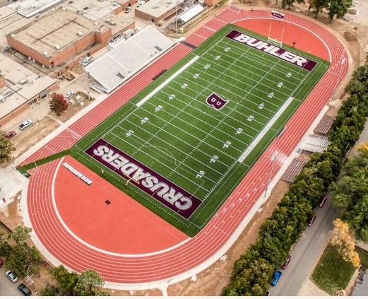 Want Atheltic Turf That’s Envy of Your District? Contact Mid-America Sports Construction! An Aerial Photo of Sharp Athletic Turf Installed by Mid-America Sports Construction