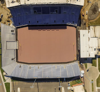 Overhead shot of new UCM field with synthetic grass and logos